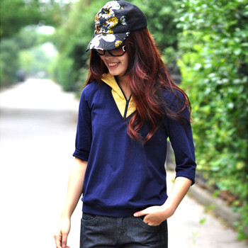 BLUE·GARDEN 巴兰·迦尔 2012新款女装拼色连帽休闲T恤针织衫 BESU09 蓝色 XL