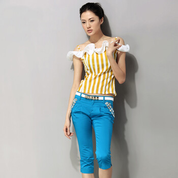 名美 2012夏季新款女装韩版修身镶钻七分裤8305 黑色 XL