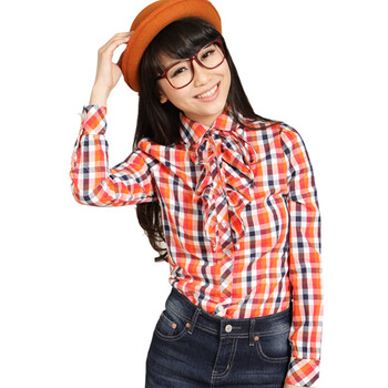 EyesonU 新款春秋格子衬衫 长袖修身衬衫 女 OL衬衫长袖 C-018 橘色 XXL