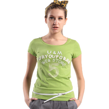 FUFM由你由我女装夏季新品女士全棉贴布绣T恤印花圆领女装短袖T恤W10MST032 嫩绿 S
