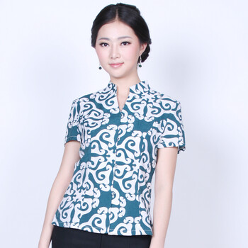 格格旗袍 蓝绿色如意图案 天丝女短袖上衣 7221374163 蓝绿色 2XL