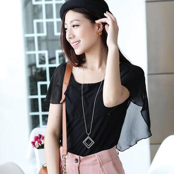 韩都衣舍 韩国2012夏装新款韩版女装圆领通勤荷叶边T恤NG2023 黑色 L