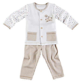 哇喔哇喔童装 0-5岁婴幼儿舒适家居套装21B602M 米白底卡其小格 90码