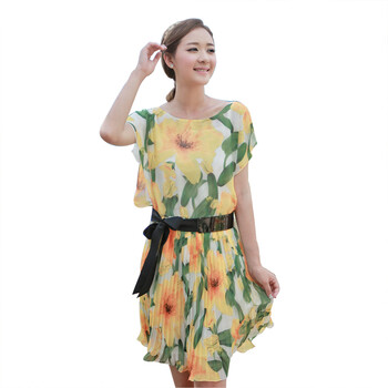 女装2012夏装新款女装连衣裙子夏韩版雪纺碎花连衣裙百褶长裙039553L 黄色 L