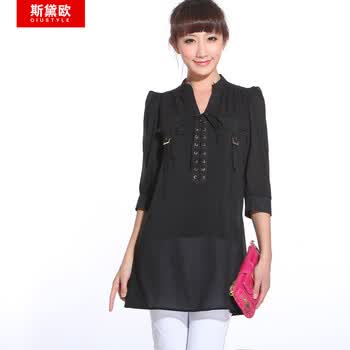 qiustyle新款休闲立领雪纺衫大码女士衬衫11109 魅力黑 XL