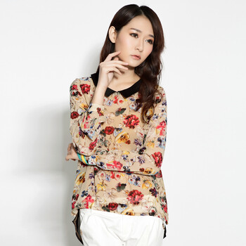 蔓可翡2012春夏田园风碎花气质 娃娃领梭织雪纺上衣MD1S02 黑色 L 杏色