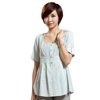 俏艺夏款女装韩版圆领低领宽松浅绿纯色中长款短袖衬衫女1269 浅绿色 XL