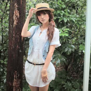 薇薇花开 甜美韩妞 2012新磨白水洗百搭公主牛仔背心马甲PS2110610W005 浅蓝 M