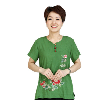 蕾曦 中老年女装夏装 绣花纯棉透气短袖T恤新品上衣妈妈装 SQB梦迪娜 绿色 XXXL