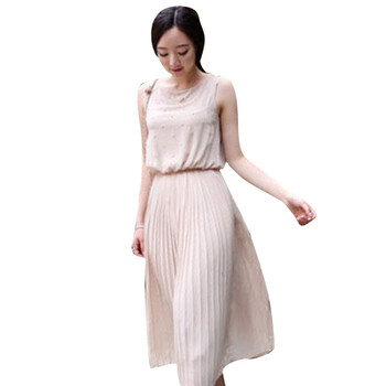 维妮 VINEY 2012夏装女士裙子优雅气质珍珠点缀百褶长款无袖米兰连衣裙71031 杏粉色 均码