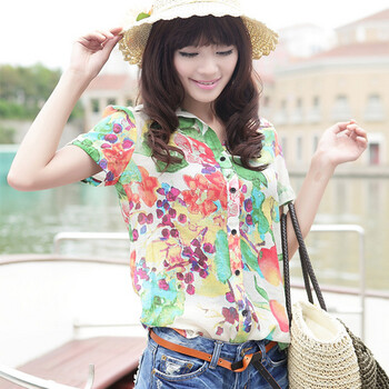 馨雨汀 2012夏季新款韩版碎花格子翻领短袖衬衫XBL516 绿色 XL