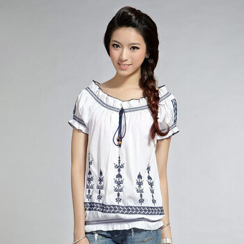 俏艺2012夏装新款女装淑女素雅青花瓷刺绣系带宽松短袖衬衫1451 白色 XL