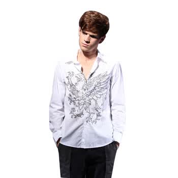 DESIGN CORNER 刺绣英伦长袖男式纯棉衬衣休闲修身男衬衫SH11S1155 白色 XXL