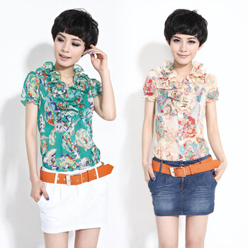 韩宿 2012夏装新款女装韩版荷叶领短袖雪纺衬衫12-1250 粉色 XXL