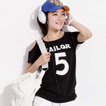 韩都衣舍 韩国2012夏装新款韩版露肩修身印花短袖T恤MU2257 黑色 M