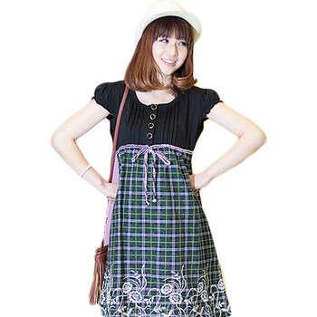 煜婴坊 夏季韩版格子绣花高腰孕妇裙 绿色 均码