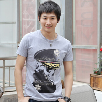 AMH 韩国2012新款夏装男装韩版圆领短袖印花T恤NR2097 浅灰色 180/96A XL