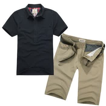 零号男 简约格纹领POLO衫+军旅几何分割休闲短裤 FD038+DD009 蓝+卡其 XXL+36