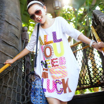 天使之城 angelcitiz 2012夏装新款 LUCKY彩钻花苞连衣裙短袖T恤裙 HF2043 白色 L