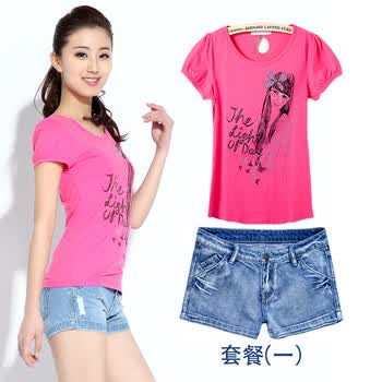 cuteway 2012新款女装时尚短袖T恤+牛仔短裤热裤套装 套装1 T恤XL+裤子30