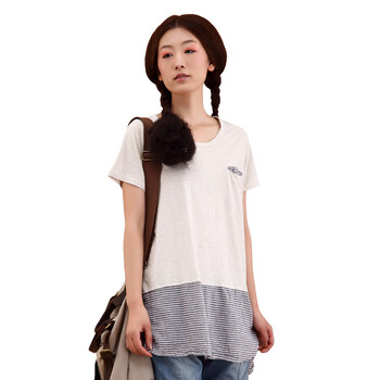 茵曼INMAN2012夏装新款圆领条纹拼接短袖女T恤H822022632 灰色 M