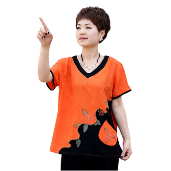 蕾曦 夏季新款唐装刺绣中老年短袖 气质休闲清凉妈妈装女装 SQB梦迪娜黑领 橘黄色 XXXL