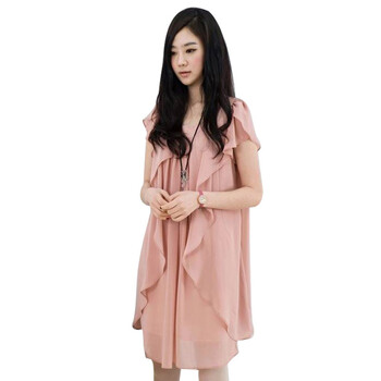 维妮 VINEY 2012夏装女装裙子气质休闲显身材圆领雪纺短袖连衣裙71035 粉色 均码