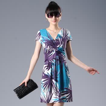 华尔灏夏装连衣裙 溢彩收腰显瘦 V领 淑女短袖连衣裙T11011 蓝色 XXL