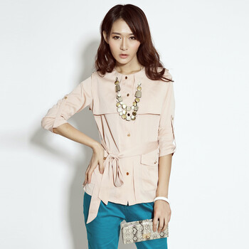 蔓可翡2012春夏女装中袖裸色修身两色休闲衬衫MD2W01 浅杏色 L