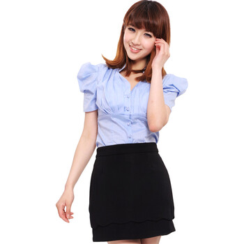 ranzukiy 2011春装新款 褶皱 立领泡泡袖 女式 短袖衬衫WB3219 蓝色 L