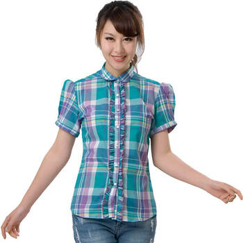 怡致VISZS 女式 轻薄透气全棉短袖衬衫 HB120240 粉绿格 XL(39)