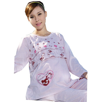 【精明妈咪团】雅孕-DE38 春夏孕妇睡衣月子服 喂奶衣 哺乳衣套装 粉红色 XL