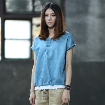 初念 2012夏季新款 文艺清新褶皱宽松下摆抽绳亚麻短袖衬衫女 3色 蓝预定7-9天 L/170
