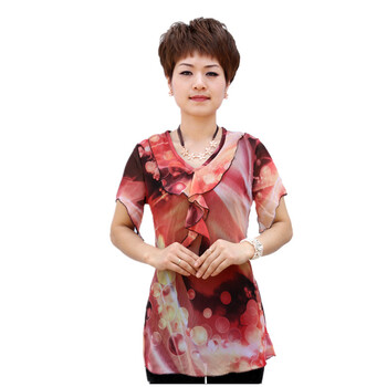 蕾曦 新款中老年女装夏装 热卖加肥加大码中年女式 短袖妈妈装夏季雪纺T恤 SQB菲艳佳人花边领 彩球 XXXL