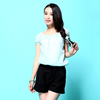 浪漫一身 2012夏装新款 圆点印花 套头短袖女衬衫8021203 浅绿色 L