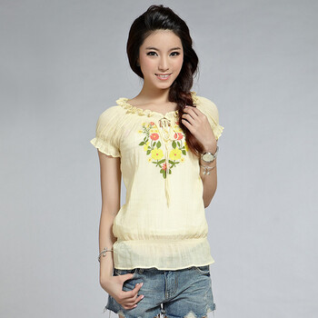 俏艺2012夏装新款淑女花朵刺绣V领系带宽松短袖衬衫1442 浅黄 XL
