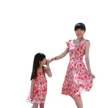 喜乐趣-MW0125M 浪漫夏日 晕染玫瑰 连衣裙母女装 母女款 红色 170cn妈妈