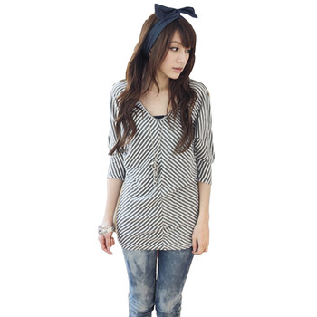 Tomnrabbit 淑女韩版瘦身斜条纹套头中袖衬衫 TM865 灰条纹 均码