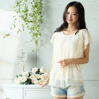 玛薇琦 柔美女装花网拼接绑带雪纺衫2020866 杏色 均码