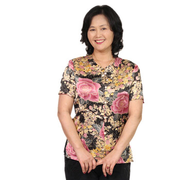 比尔丝 韩版加肥加大女装新款冰丝时尚圆领妈妈装夏装短袖 Blfl 超顺# 黑色 XXXXL
