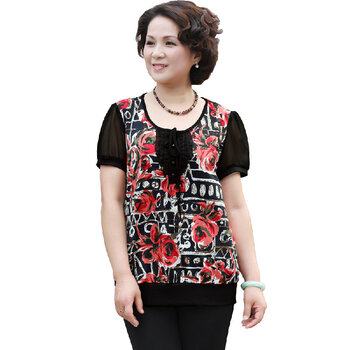 莎瑞 中老年服装品牌女装 短袖T恤圆领花边结带 红花 XXXXL