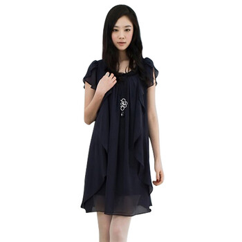 维妮 VINEY 2012夏季新款女装升级版裙子时尚修身显瘦气质淑女雪纺短袖连衣裙71002 035深蓝色 均码