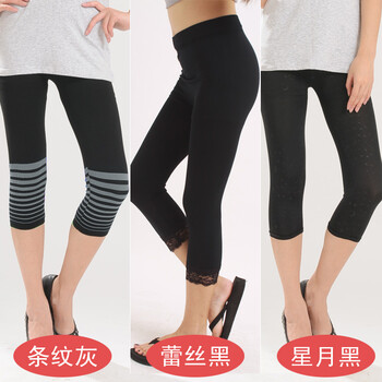 梦仕臣 女士打底七分裤三条装 条纹灰+蕾丝黑+星月黑 L