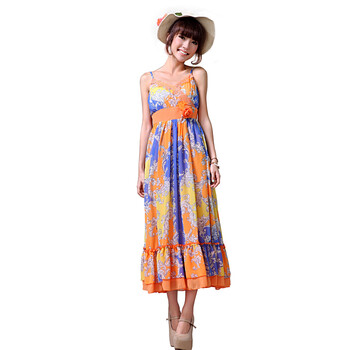 星惟正品ENJOYSTIN2012夏季吊带雪纺印花波西米亚连衣裙18086 橘色 XL