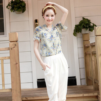 纳纹2012夏装新品女装雪纺衫上衣短袖韩版衬衫039517S 浅蓝色 XL