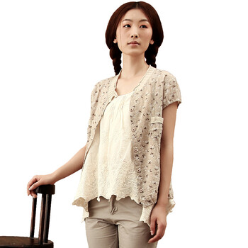 茵曼INMAN2012夏装新款圆领衬衣 碎花短袖衬衫女H822042895 卡其色 S