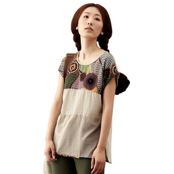 茵曼INMAN2012夏新款女衬衣印花条纹纯棉女短袖衬衫H822042915 花灰色 XL