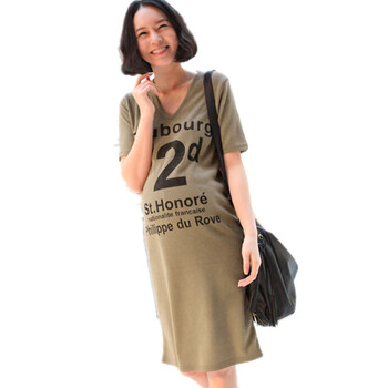 蕾曦 2012夏季新款 韩国时尚孕妇装 短袖宽松字母长款连衣裙 T恤裙 ZI.08 咖啡色 均码