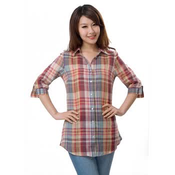 LFF 女士 糖果色 2012年夏装新款翻领全棉中袖格子衬衫 HB120560 橙红格 XL(39)