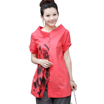 丝柏舍2012夏季新款女短袖印花短袖衬衣001 红色 XXL